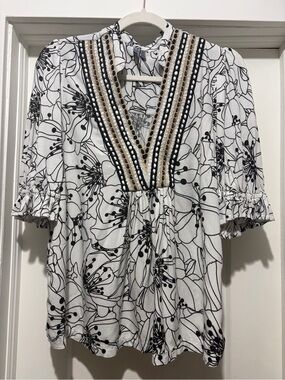 Bl^nk (Anthropologie) Embroidered V-Neck Black & White Floral Blouse